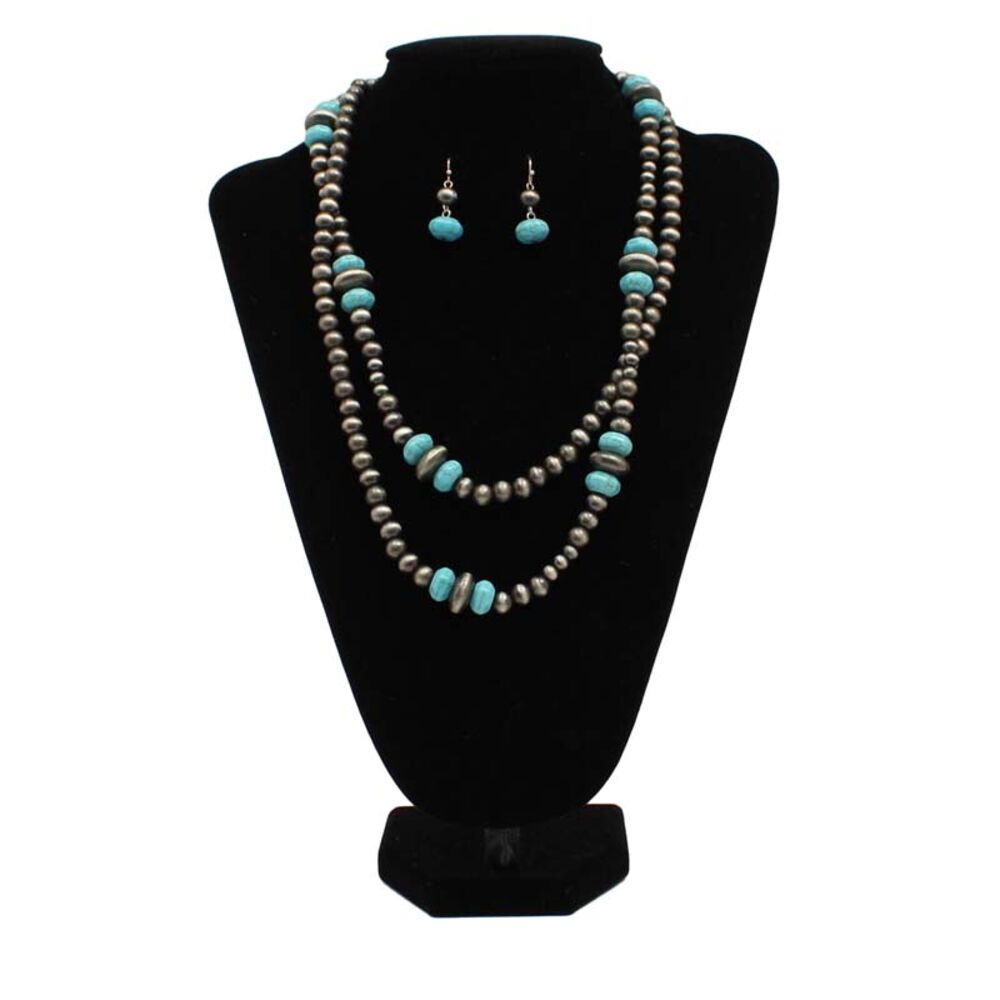 image of Double Strand Turquoise Stone Silver Jewelry Set