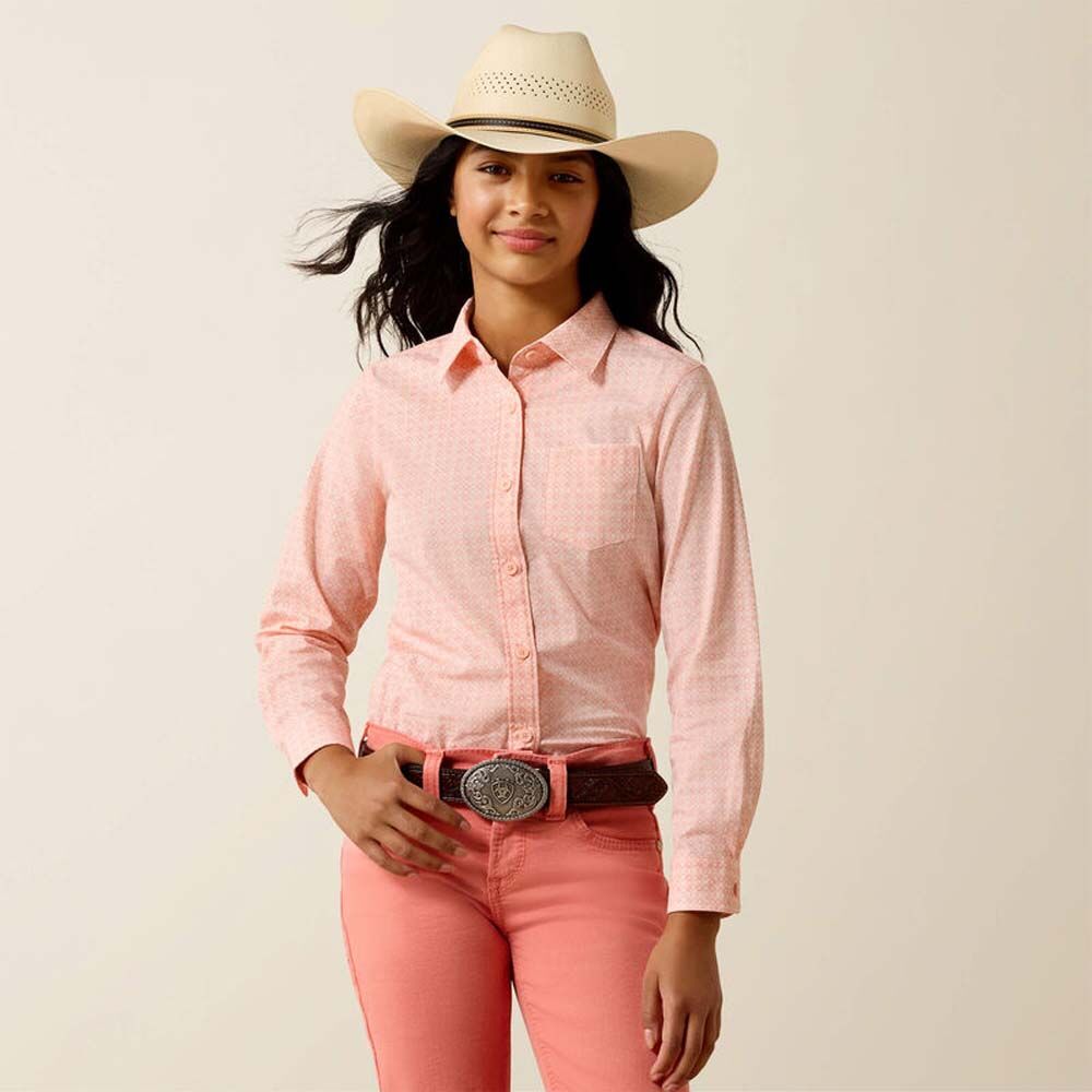 image of Girls' Button Down Long Sleeve Kirby Shirt, Tropical Peach Geo