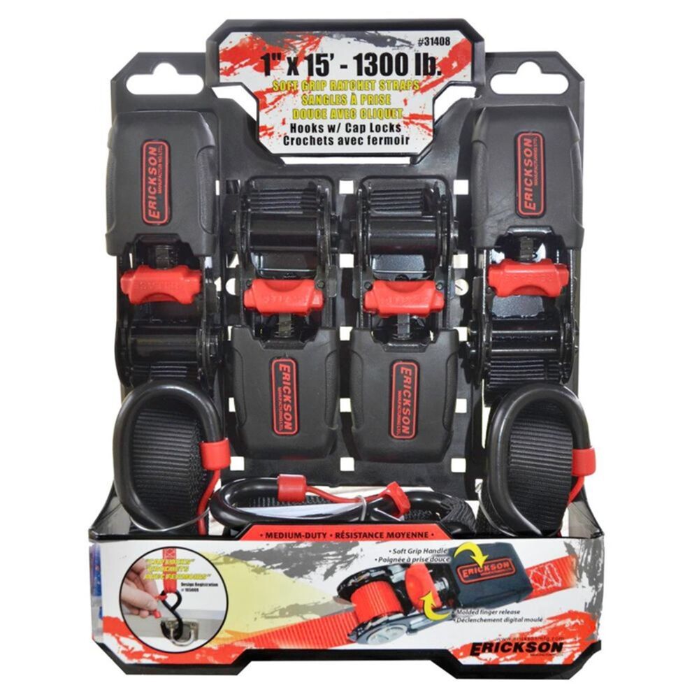 image of 1-in x 15-ft Soft Grip Ratchet Straps with Cap Locks, 4-Pack, 1,300 LB. Break Strength