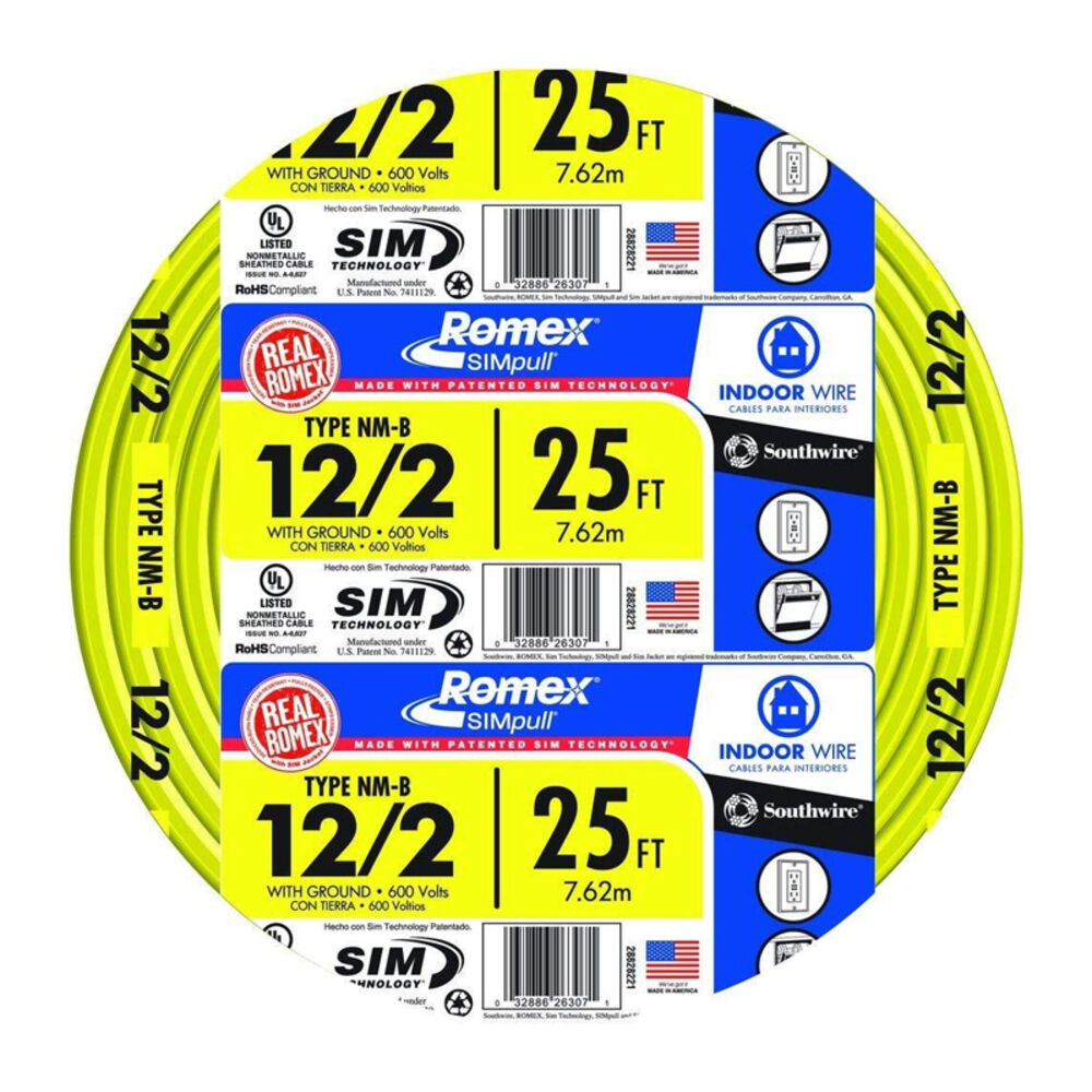 image of Building Wire 12 Ga, 2 Conductor 20 Amp 600 V 90 Deg C 25-ft Yellow