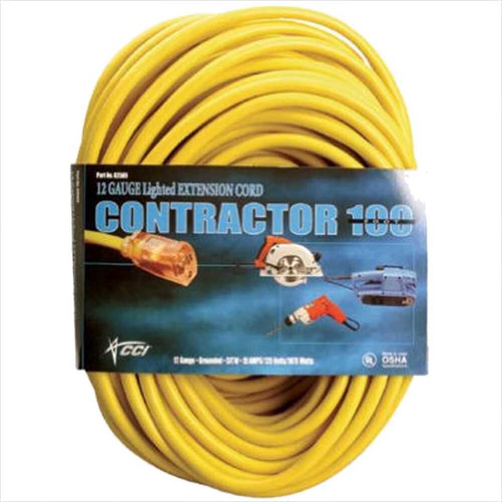 image of Extension Cord, Yellow, 12/3, 100 ft