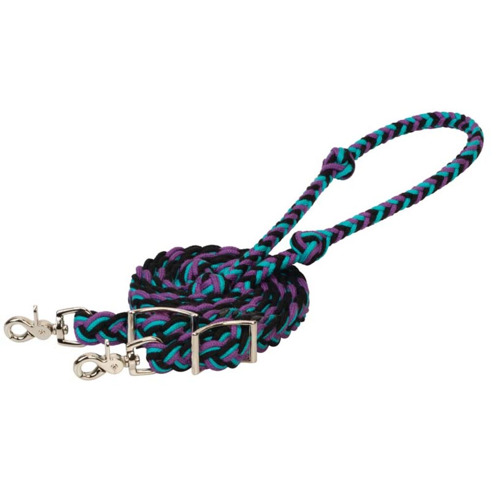 image of Ecoluxe Flat Barrel Reins- Black/Turquoise/Purple, 3/4 in x 8 ft