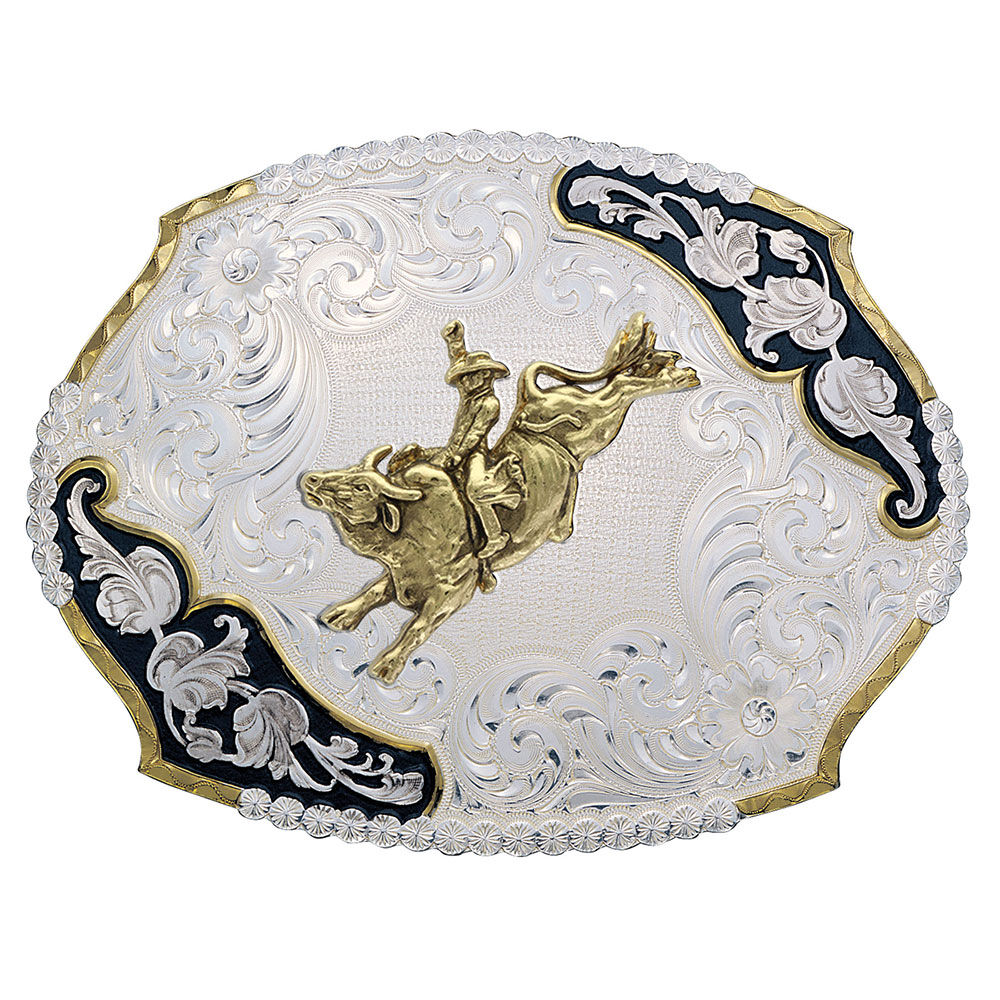 image of Antique Leaves Western Belt Buckle with Bull Rider