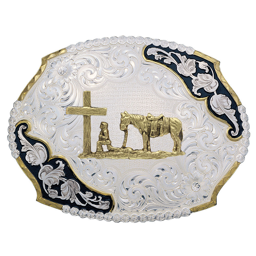image of Antique Leaves Western Belt Buckle with Christian Cowboy
