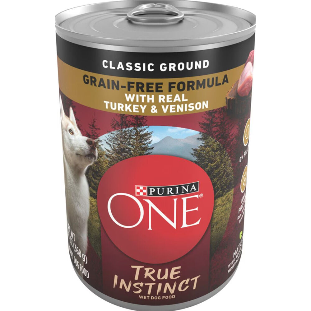 image of Purina One True Instinct Wet Dog Food- Grain Free, Ground, Real Turkey and Venison, 13 oz