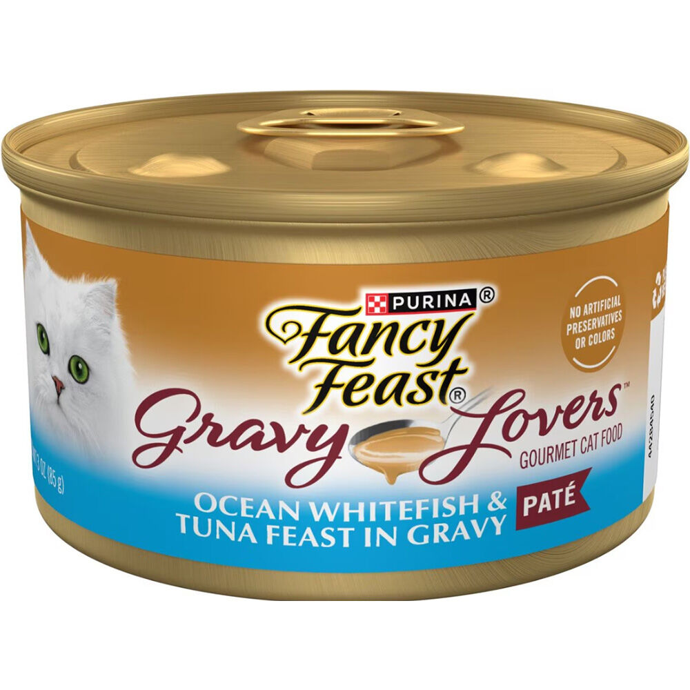 image of Fancy Feast Wet Cat Food- Gravy Lovers, Ocean Whitefish and Tuna Feast, 3 oz