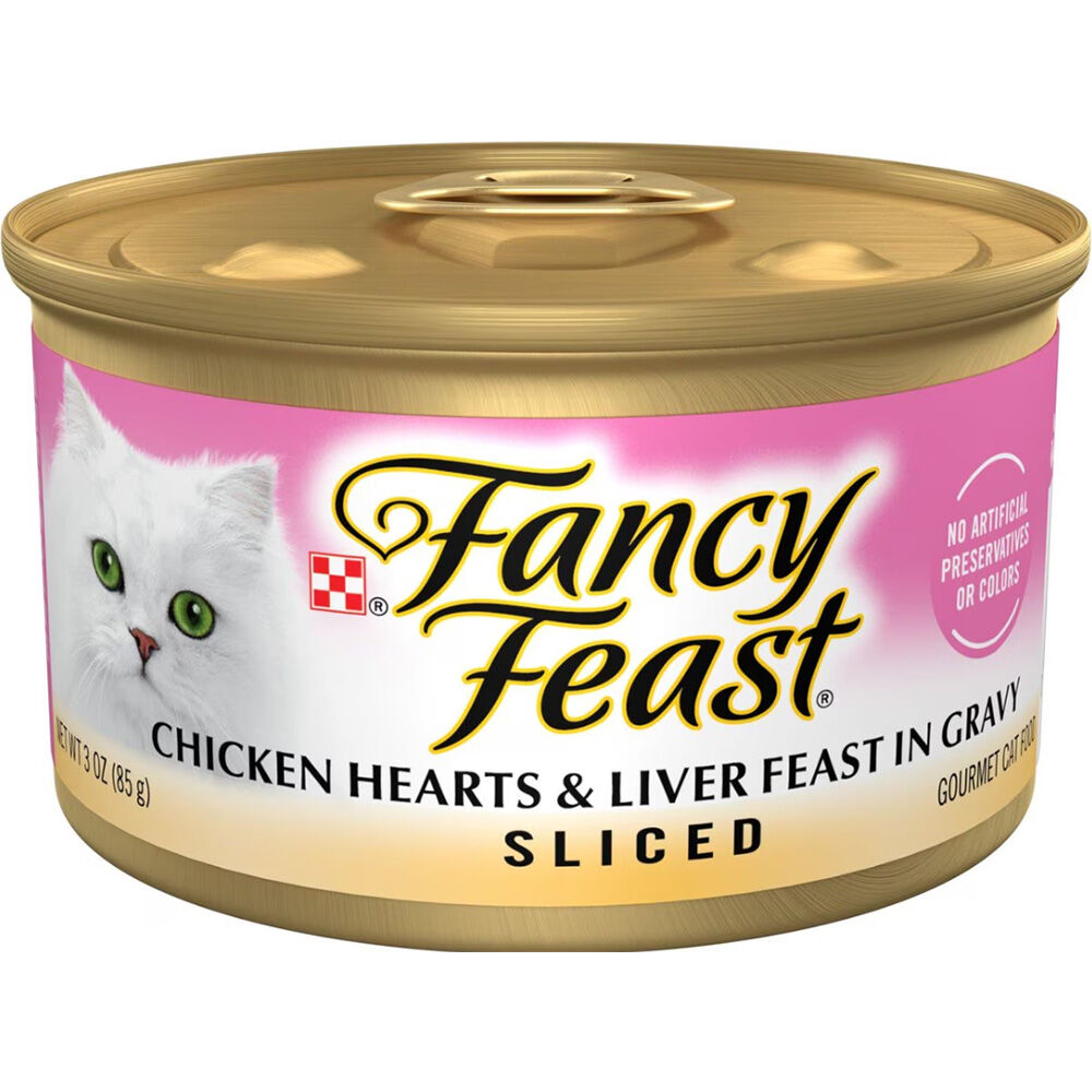 image of Fancy Feast Wet Cat Food- Sliced, Chicken Hearts and Liver Feast in Gravy, 3 oz