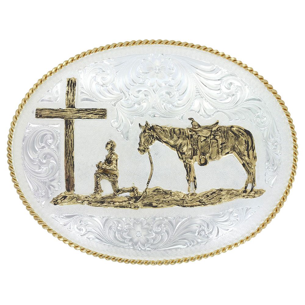 image of Engraved Western Belt Buckle with Christian Cowboy Silver