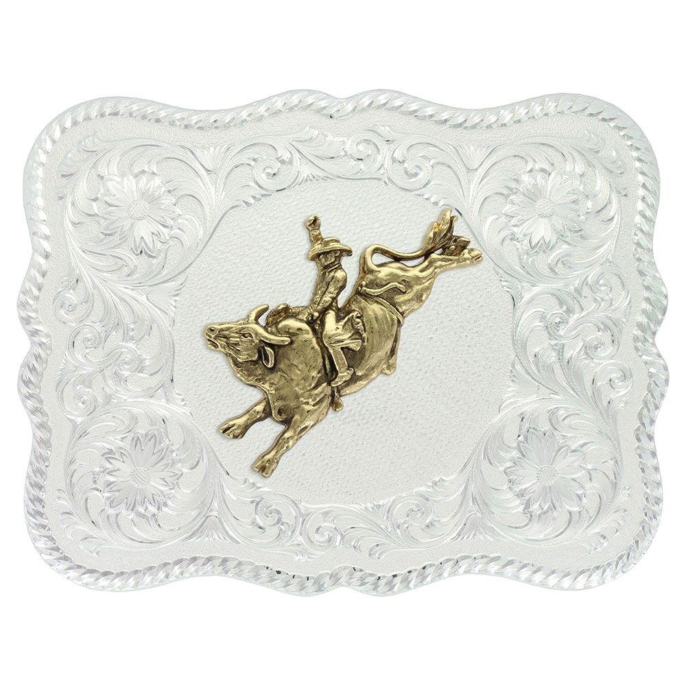 image of Western Scalloped Belt Buckle with Bull Rider Silver