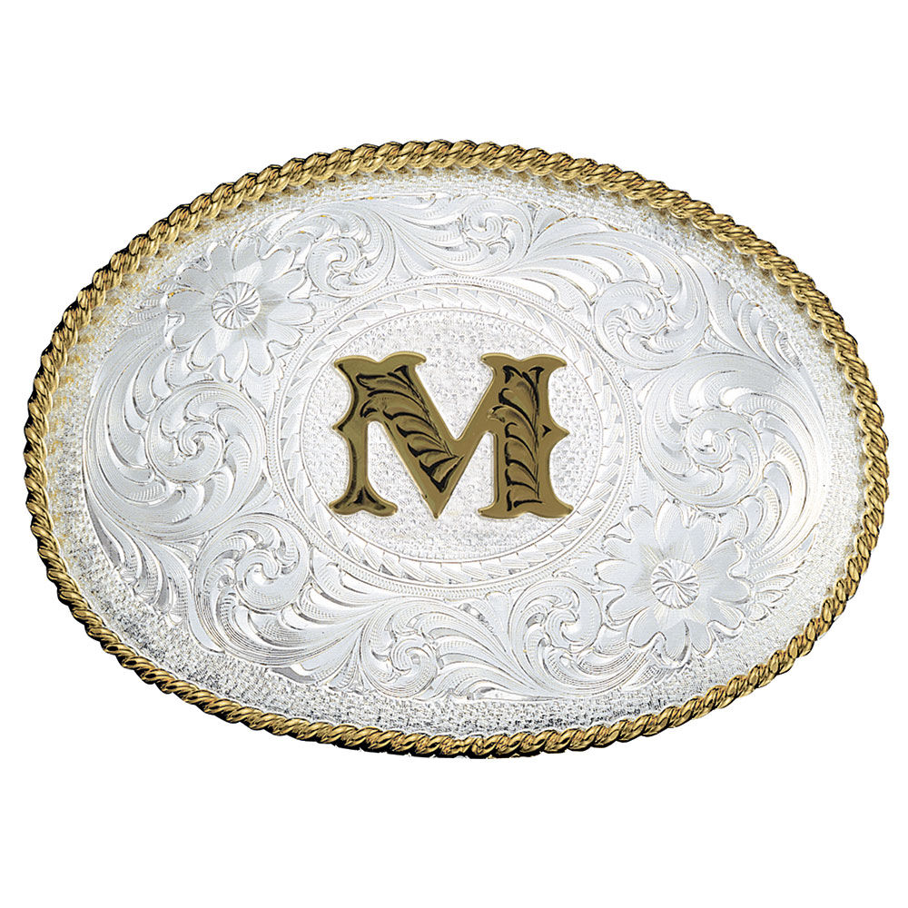 image of Silver Engraved Gold Trim Western Belt Buckle