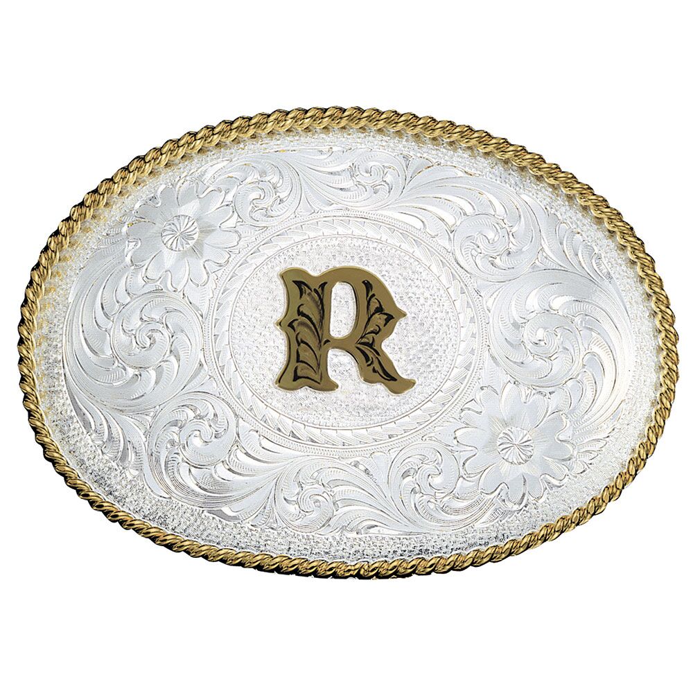 image of Silver Engraved Gold Trim Western Belt Buckle