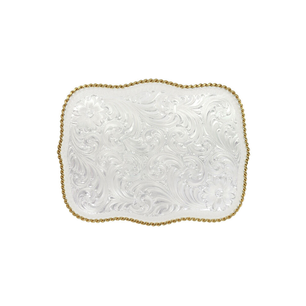image of Engraved Scalloped Western Belt Buckle Silver