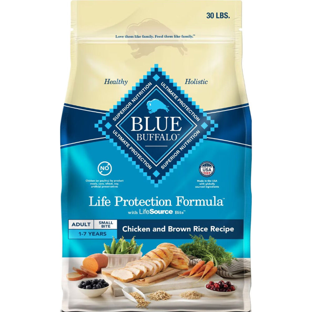 image of BLUE Life Protection Formula Small Bites Adult Dog Food Chicken and Brown Rice, 30 lbs