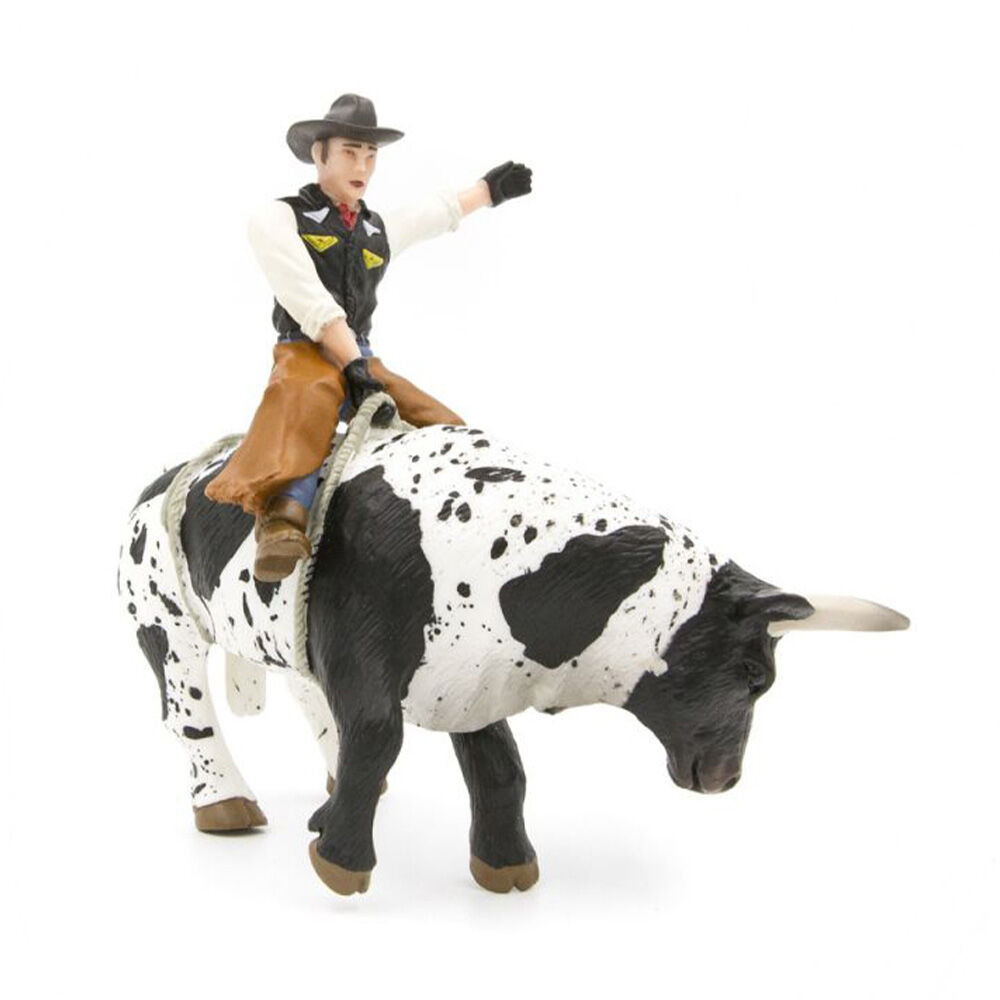 image of Black and White Bucking Bull with Rider