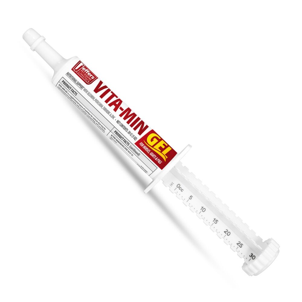 image of Vita-Min Gel for Livestock & Horses – Multivitamin & Mineral Supplement with Selenium - Zinc - Potassium & Turmeric - 30 cc (1 oz) Tube