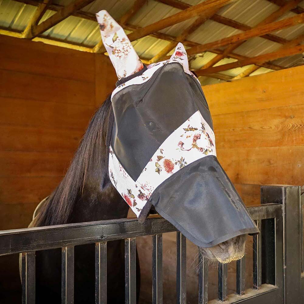 image of Expression Deluxe Mesh Fly Mask with Ears and Nose - Rose Garden - Oversize