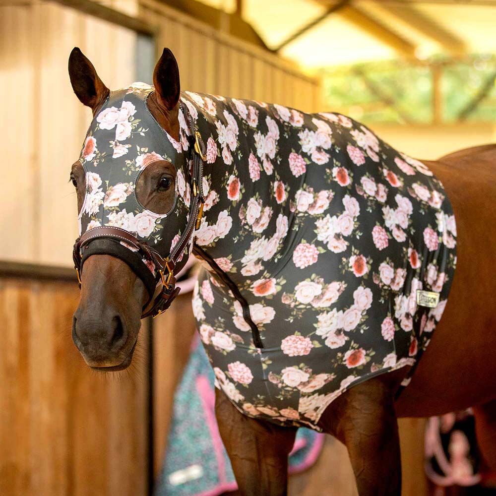 image of Expression Lycra Hood for Horses - Rose Garden - Cob