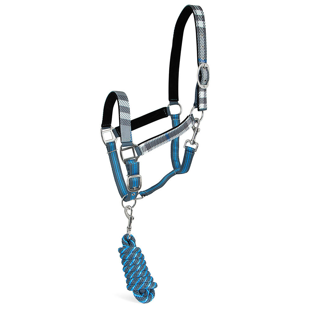 image of Poplar Head Nylon Horse Halter & Lead Matching Set, Hamilton Blue & Slate Plaid, Full