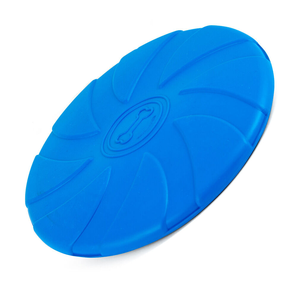 image of Blue Bone Stamped Frisbee Natural Rubber 8 in Dog Toy for Fetching & Chewing, Medium