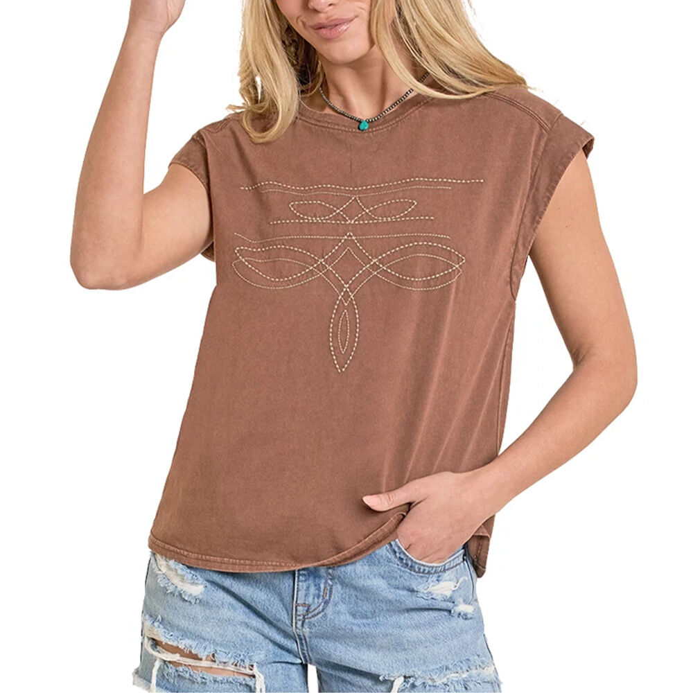 image of Women's Short Sleeve Boot Stitched Shirt, Taupe