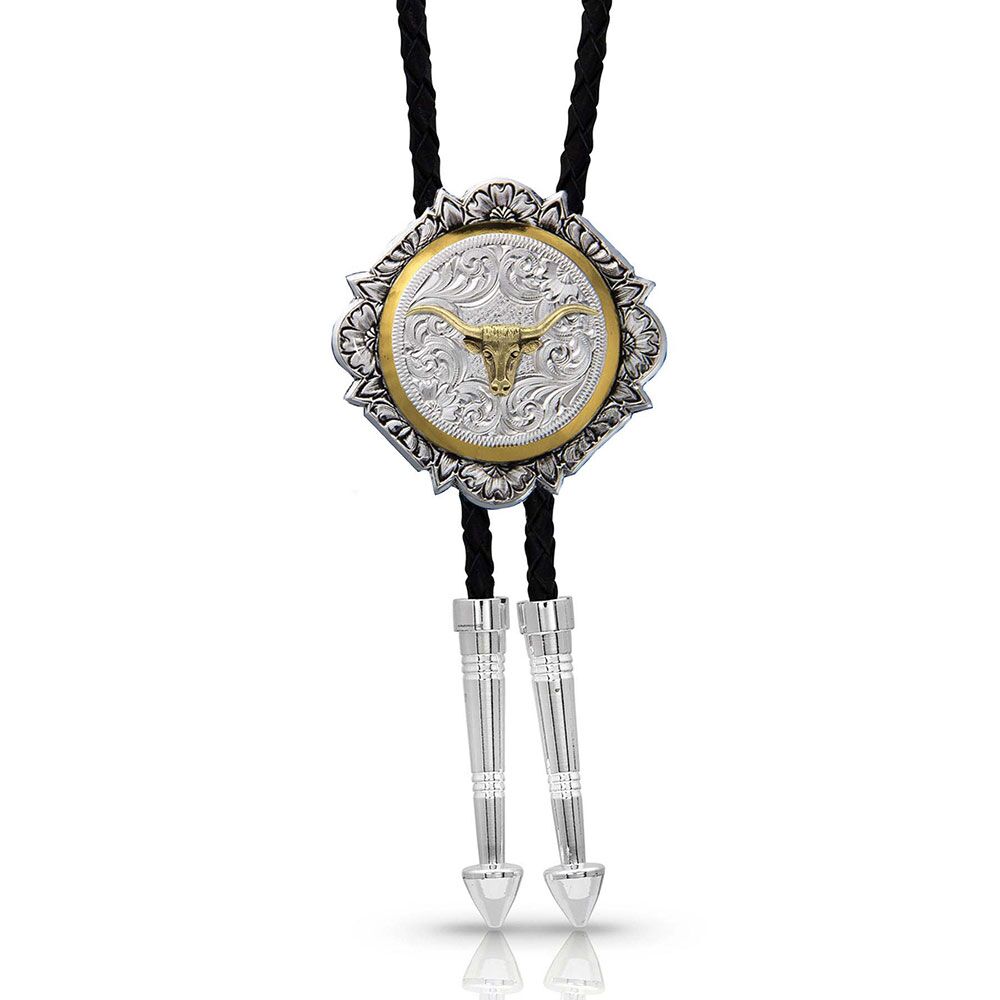 image of Silver and Gold Engraved Button Bolo Tie