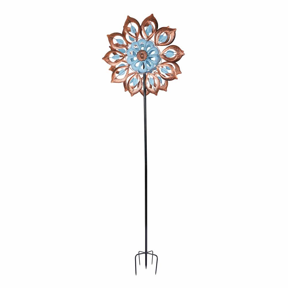 image of Antique Kinetic Flower Wind Spinner Stake, Blue and Copper