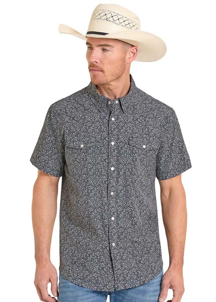 image of Men's Abstract Floral Short Sleeve Snap Performance Shirt, Black